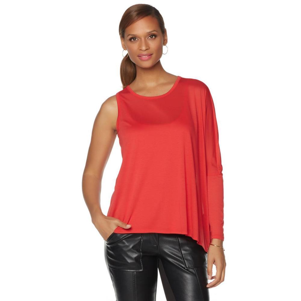 NENE by NeNe Leakes Womens Pullover Asymmetric One Sleeve Top Red Small Size HSN